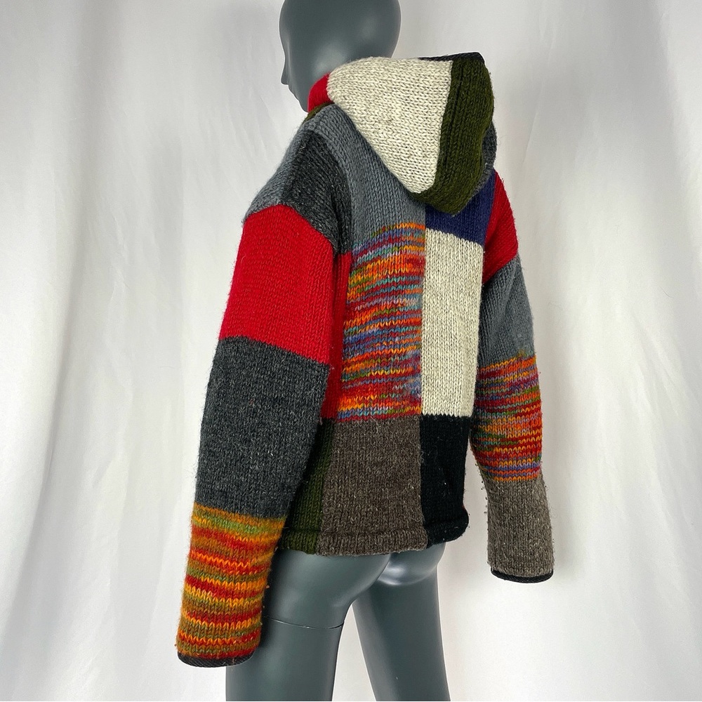 80s Multi Colored Patchwork Fleece Lined Hooded S… - image 4